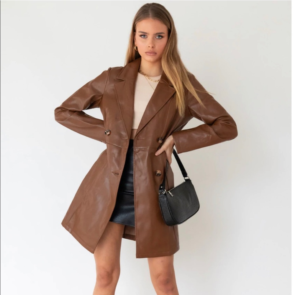 Brown faux leather trench coat